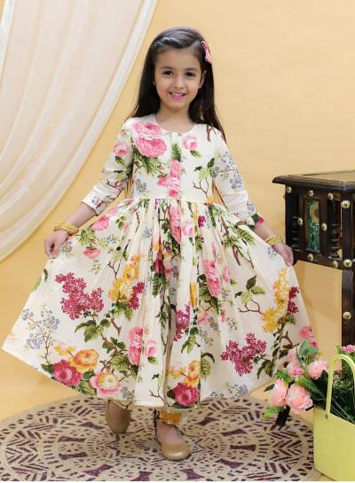 White Floral Fantasy Kids Anarkali Gown Suit Set - BONYHUBClothing