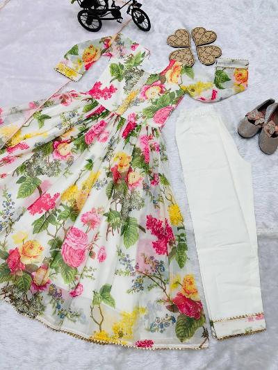 White Floral Fantasy Kids Anarkali Gown Suit Set - BONYHUBClothing
