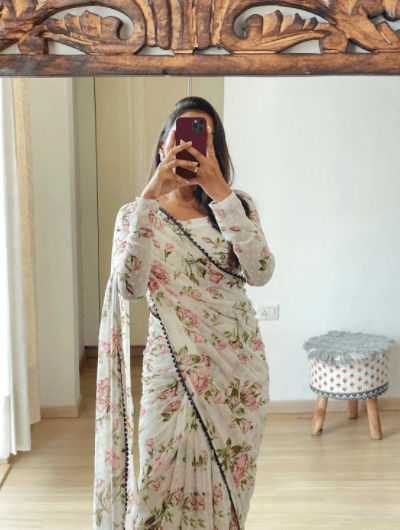 White Floral Georgette Ready to wear Sari - BONYHUBSAREE