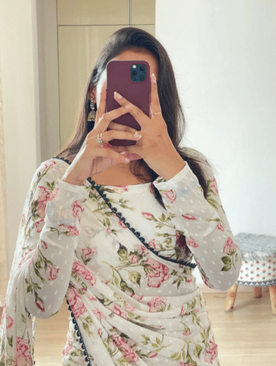 White Floral Georgette Ready to wear Sari - BONYHUBSAREE