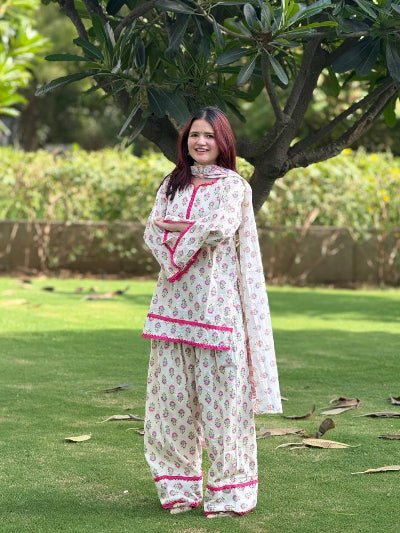 White Floral Printed Crepe Farshi Suit for Women UK - BONYHUBSALWAR KAMEEZ