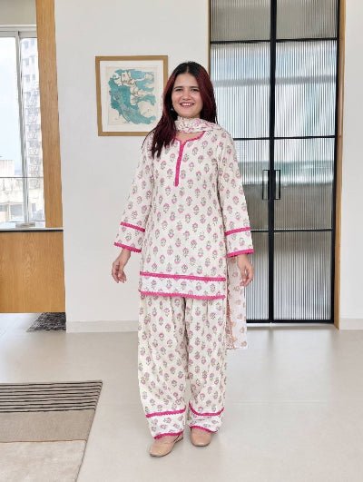 White Floral Printed Crepe Farshi Suit for Women UK - BONYHUBSALWAR KAMEEZ