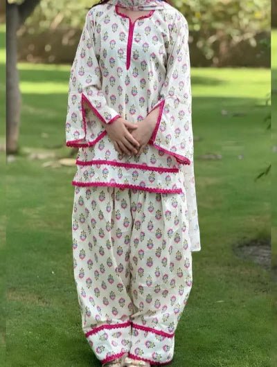 White Floral Printed Crepe Farshi Suit for Women UK - BONYHUBSALWAR KAMEEZ