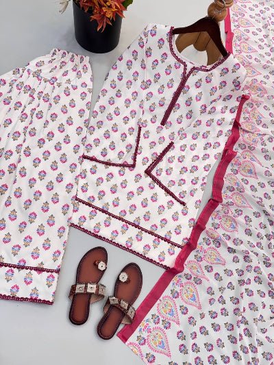White Floral Printed Crepe Farshi Suit for Women UK - BONYHUBSALWAR KAMEEZ