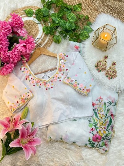 White Floral Ready to Wear Saree with Stitched Blouse for Women | Asian Ethnic Wear UK - BONYHUBSAREE
