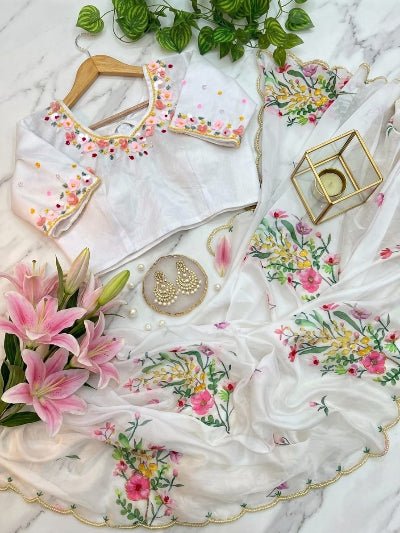 White Floral Ready to Wear Saree with Stitched Blouse for Women | Asian Ethnic Wear UK - BONYHUBSAREE