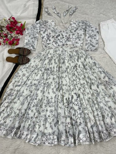 White Floral Vichitra Silk Anarkali Suit Set UK Next Day - BONYHUBSALWAR KAMEEZ