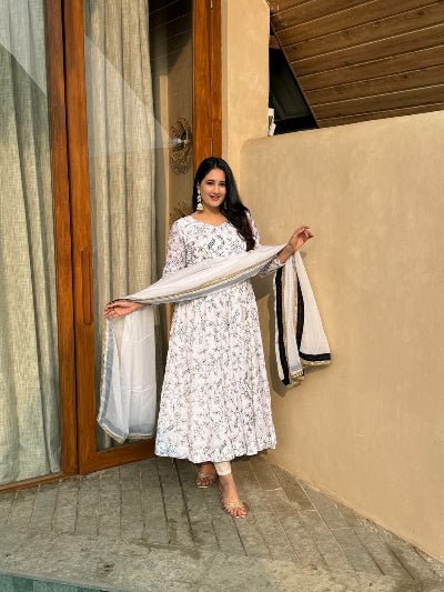 White Floral Vichitra Silk Anarkali Suit Set UK Next Day - BONYHUBSALWAR KAMEEZ