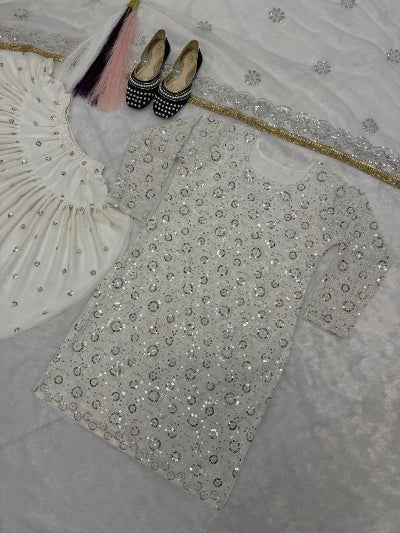 White Georgette Embroidery Punjabi Dhoti Suit Set - BONYHUBSALWAR KAMEEZ