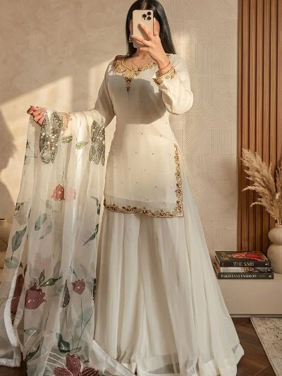 White Georgette Embroidery Sharara Suit with Floral Dupatta - BONYHUBSALWAR KAMEEZ