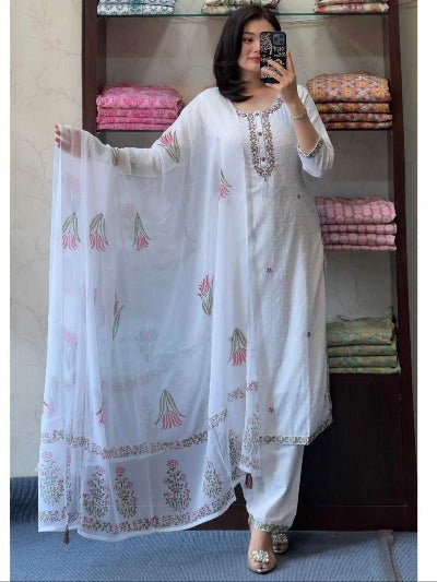 White Georgette Embroidery Straight Suit - BONYHUBSALWAR KAMEEZ