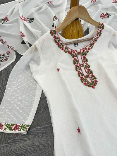 White Georgette Embroidery Straight Suit - BONYHUBSALWAR KAMEEZ