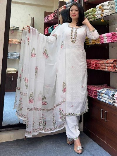 White Georgette Embroidery Straight Suit - BONYHUBSALWAR KAMEEZ