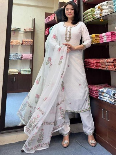 White Georgette Embroidery Straight Suit - BONYHUBSALWAR KAMEEZ