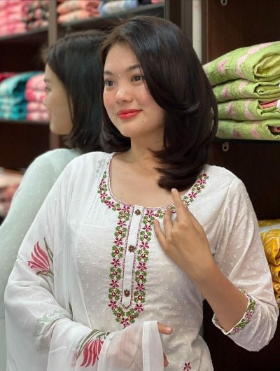 White Georgette Embroidery Straight Suit - BONYHUBSALWAR KAMEEZ