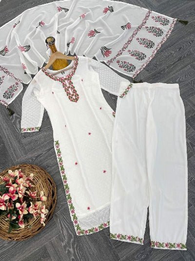 White Georgette Embroidery Straight Suit - BONYHUBSALWAR KAMEEZ