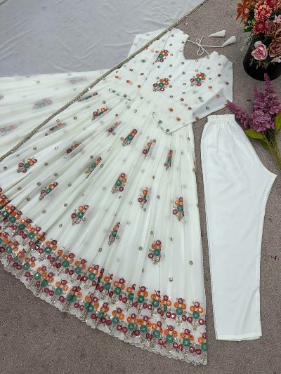 White Georgette Festive Embroidered Anarkali Gown Suit Set - BONYHUBSALWAR KAMEEZ