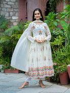White Georgette Festive Embroidered Anarkali Gown Suit Set - BONYHUBSALWAR KAMEEZ