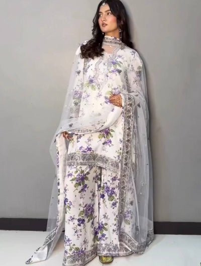 White Georgette Floral Palazzo Suit Set - BONYHUBSALWAR KAMEEZ