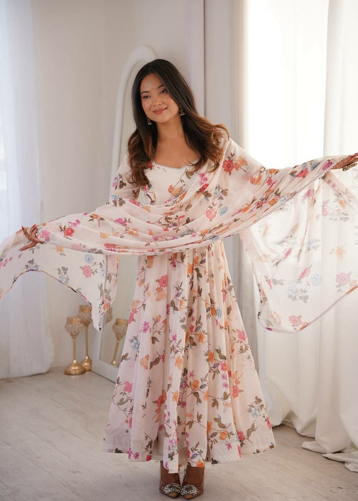 White Georgette Floral Printed Anarkali Suit Set - BONYHUBSALWAR KAMEEZ