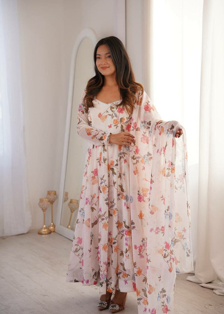 White Georgette Floral Printed Anarkali Suit Set - BONYHUBSALWAR KAMEEZ