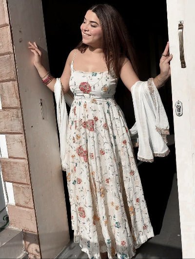 White Georgette Floral Sleeveless Anarkali Suit UK Next Day - BONYHUBSALWAR KAMEEZ