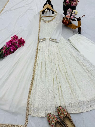 White Georgette Mirror Work Anarkali Suit Set - BONYHUBSALWAR KAMEEZ