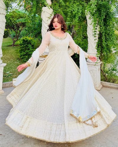 White Georgette Mirror Work Anarkali Suit Set - BONYHUBSALWAR KAMEEZ