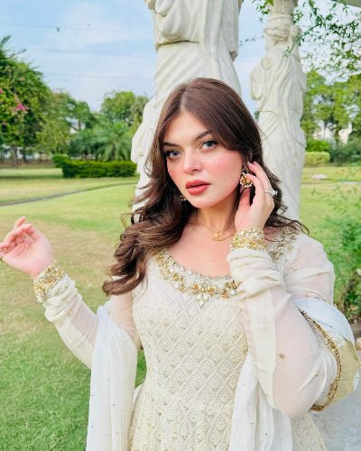 White Georgette Mirror Work Anarkali Suit Set - BONYHUBSALWAR KAMEEZ