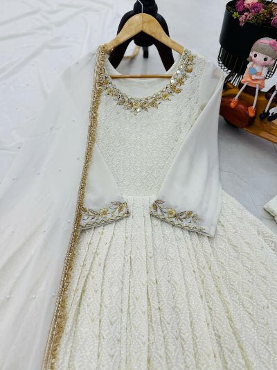 White Georgette Mirror Work Anarkali Suit Set - BONYHUBSALWAR KAMEEZ