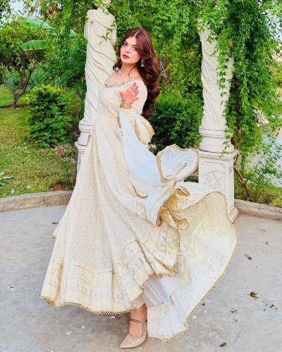 White Georgette Mirror Work Anarkali Suit Set - BONYHUBSALWAR KAMEEZ