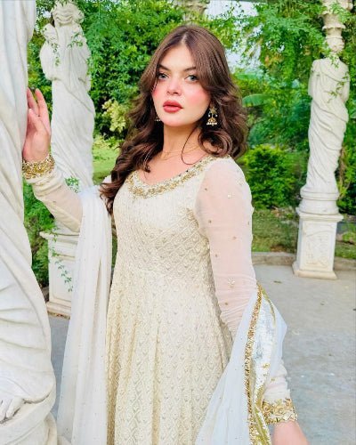White Georgette Mirror Work Anarkali Suit Set - BONYHUBSALWAR KAMEEZ