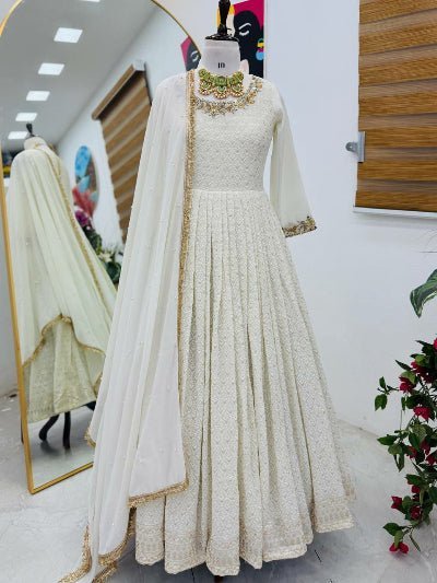 White Georgette Mirror Work Anarkali Suit Set - BONYHUBSALWAR KAMEEZ