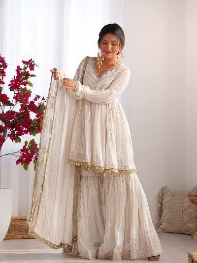 White Gold Chanderi Embroidery Kurti Sharara Suit Set - BONYHUBSALWAR KAMEEZ