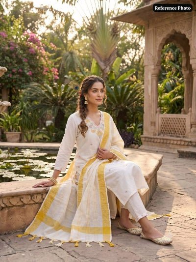 White Gold Embroidered Khadi Cotton Suit Set for Women - BONYHUBSALWAR KAMEEZ