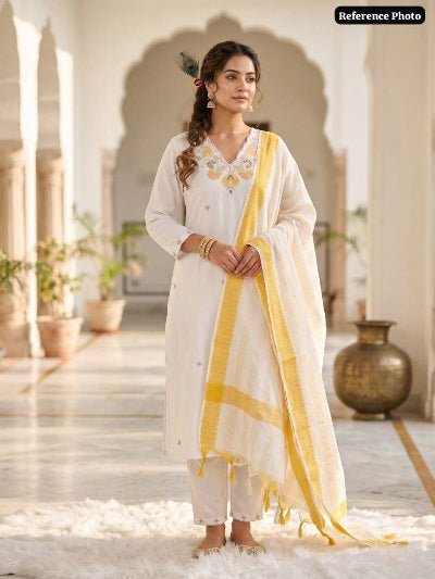 White Gold Embroidered Khadi Cotton Suit Set for Women - BONYHUBSALWAR KAMEEZ