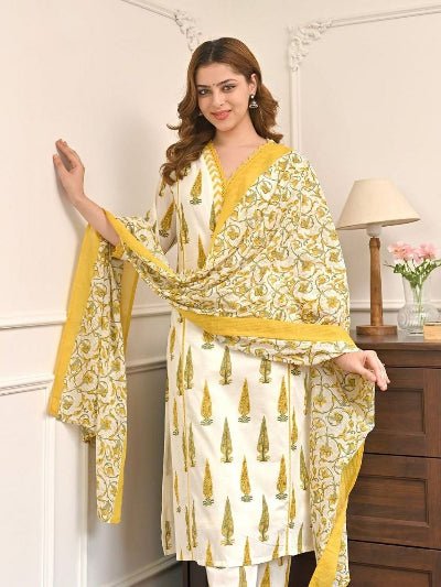 White Jaipuri Cotton Kurta Set with Palazzo &amp; Dupatta - BONYHUBSALWAR KAMEEZ