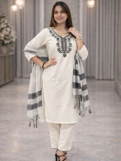 White Khadi Cotton Embroidery Straight Suit - BONYHUBSALWAR KAMEEZ