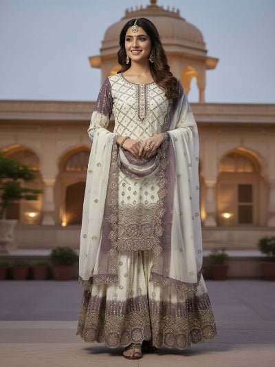 White Lilac Georgette Embroidery Sharara Suit UK Next Day - BONYHUBSALWAR KAMEEZ
