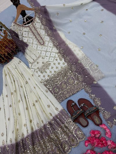 White Lilac Georgette Embroidery Sharara Suit UK Next Day - BONYHUBSALWAR KAMEEZ