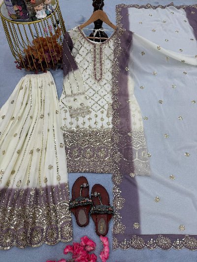 White Lilac Georgette Embroidery Sharara Suit UK Next Day - BONYHUBSALWAR KAMEEZ