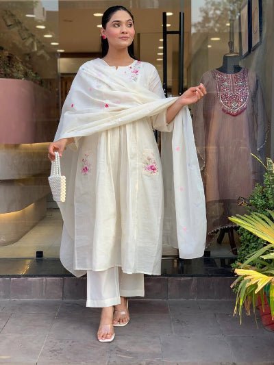 White Luxury Cotton Anarkali Suit Set - BONYHUBSALWAR KAMEEZ
