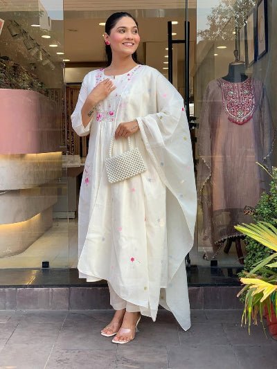 White Luxury Cotton Anarkali Suit Set - BONYHUBSALWAR KAMEEZ