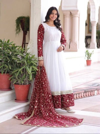 White Maroon Embroidery Gown Dupatta Set Of 2 UK Next Day - BONYHUBSALWAR KAMEEZ