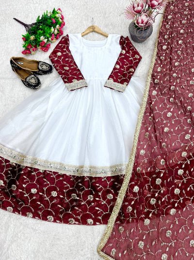 White Maroon Embroidery Gown Dupatta Set Of 2 UK Next Day - BONYHUBSALWAR KAMEEZ