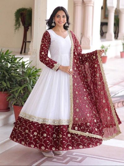 White Maroon Embroidery Gown Dupatta Set Of 2 UK Next Day - BONYHUBSALWAR KAMEEZ