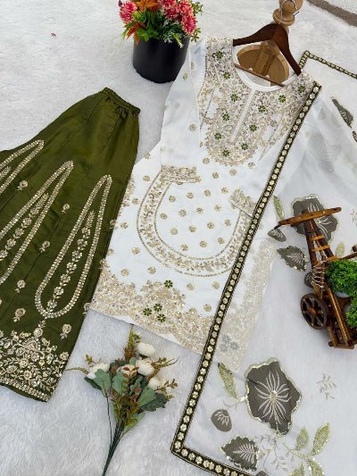 White &amp; Mehendi Green Embroidery Tissue Silk Sharara Suit - BONYHUBSALWAR KAMEEZ
