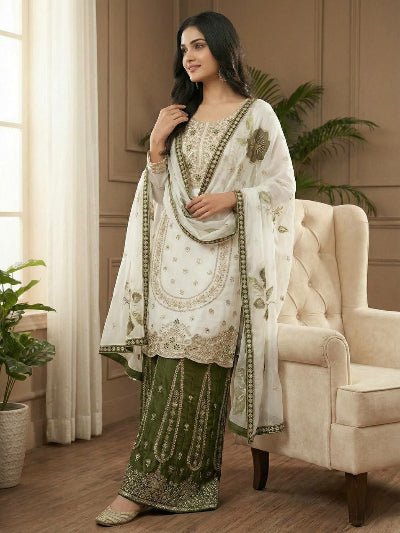 White &amp; Mehendi Green Embroidery Tissue Silk Sharara Suit - BONYHUBSALWAR KAMEEZ