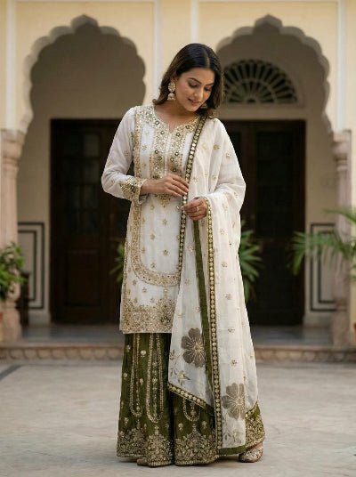 White &amp; Mehendi Green Embroidery Tissue Silk Sharara Suit - BONYHUBSALWAR KAMEEZ