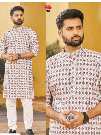 White Multicolor Ethnic Wear Men Kurta Pyjama - BONYHUBMEN KURTA